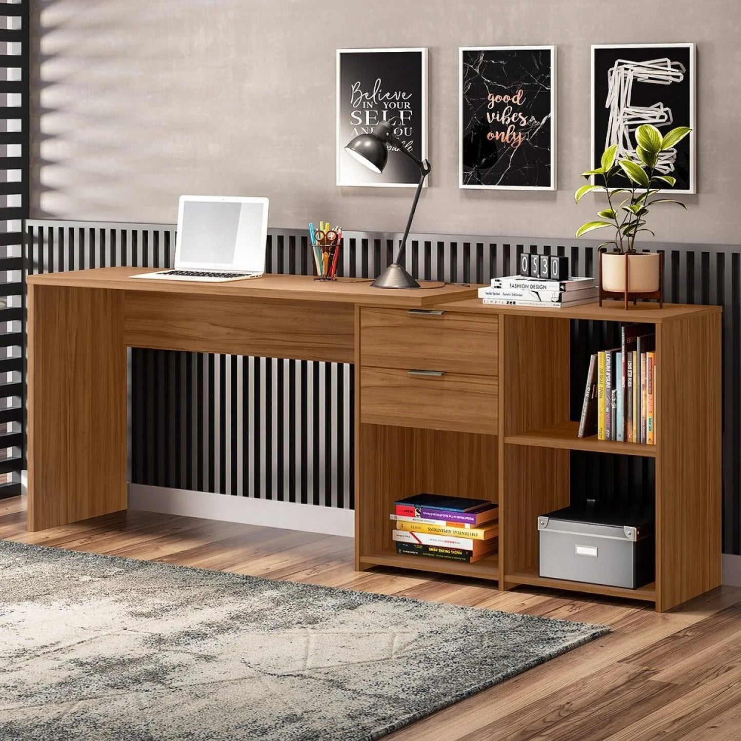 Mesa de Escritório em L 2 Gavetas 3 Nichos Office NT 2060