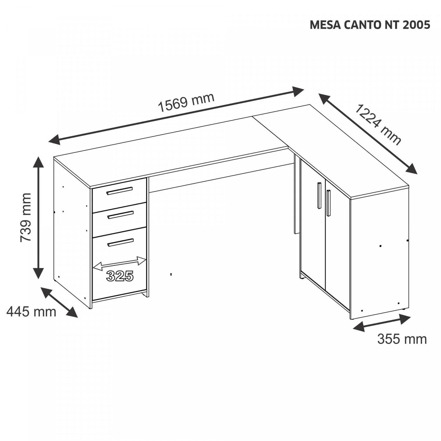 Mesa de Escritório em L 2 Gavetas 3 Portas Office NT 2005