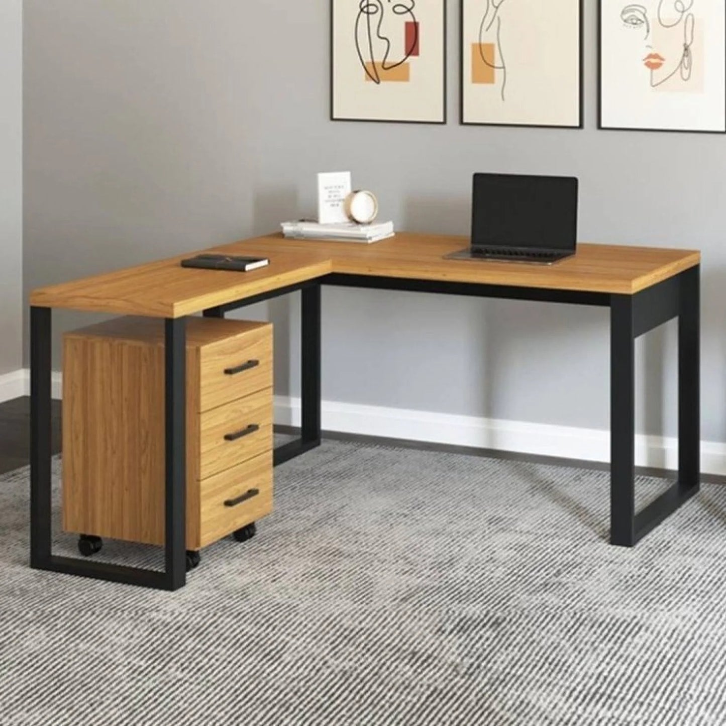 Conjunto 2 Peças Escritório Office Industrial com Mesa em L e Gaveteiro
