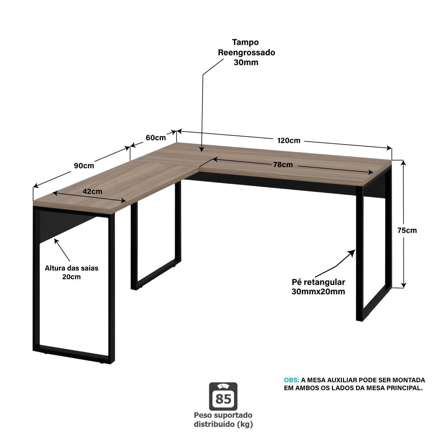 Mesa de Canto em L para Escritório 140x150cm Tampo 30mm
