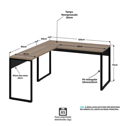 Mesa de Canto em L para Escritório 140x150cm Tampo 30mm
