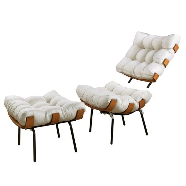 Poltrona Costela com Puff em Linho Bege Off White Estrutura em Madeira e Ferro