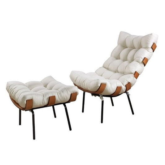 Poltrona Costela com Puff em Linho Bege Off White Estrutura em Madeira e Ferro
