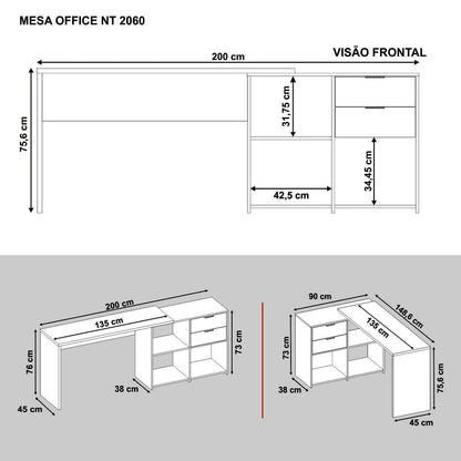 Mesa de Escritório em L 2 Gavetas 3 Nichos Office NT 2060