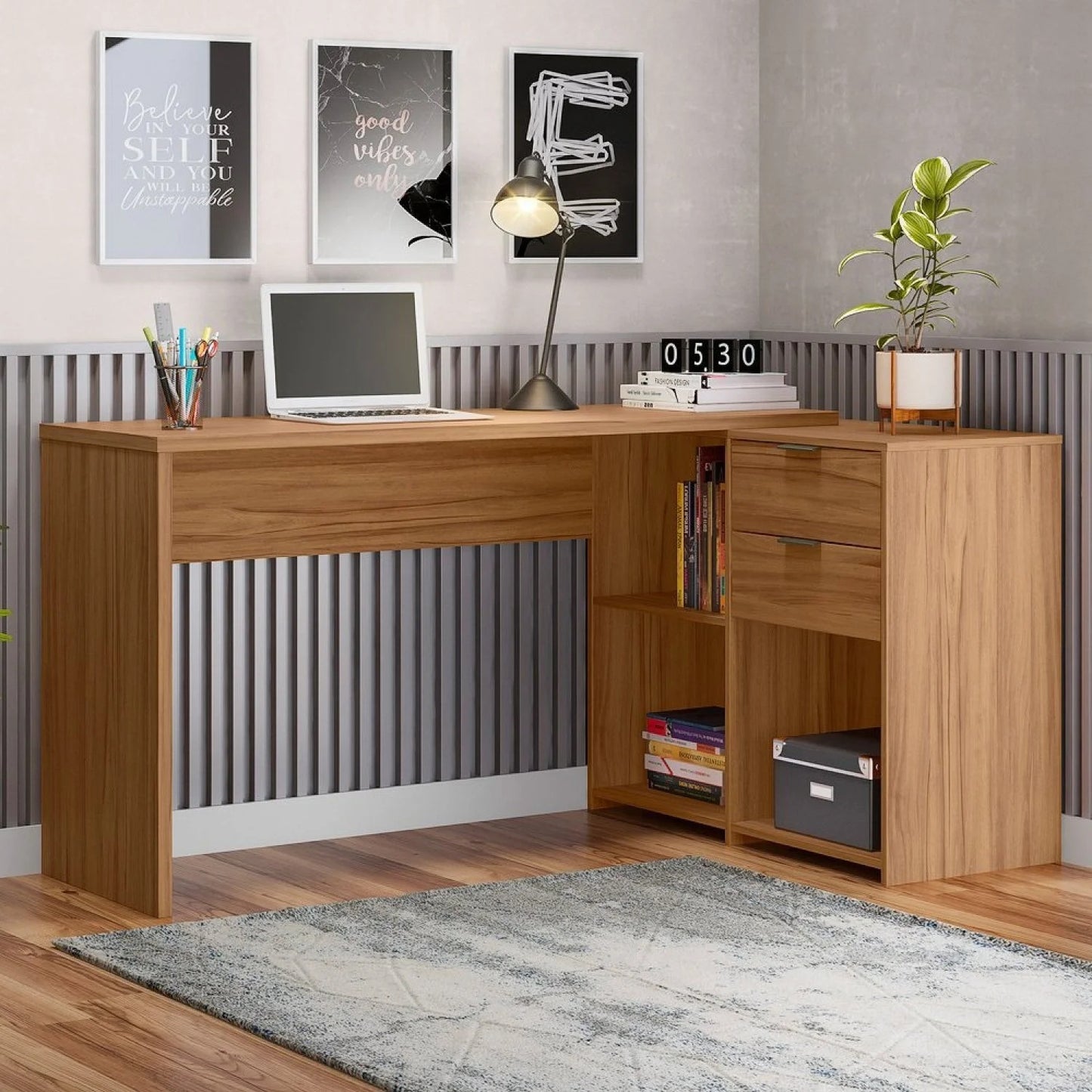 Mesa de Escritório em L 2 Gavetas 3 Nichos Office NT 2060