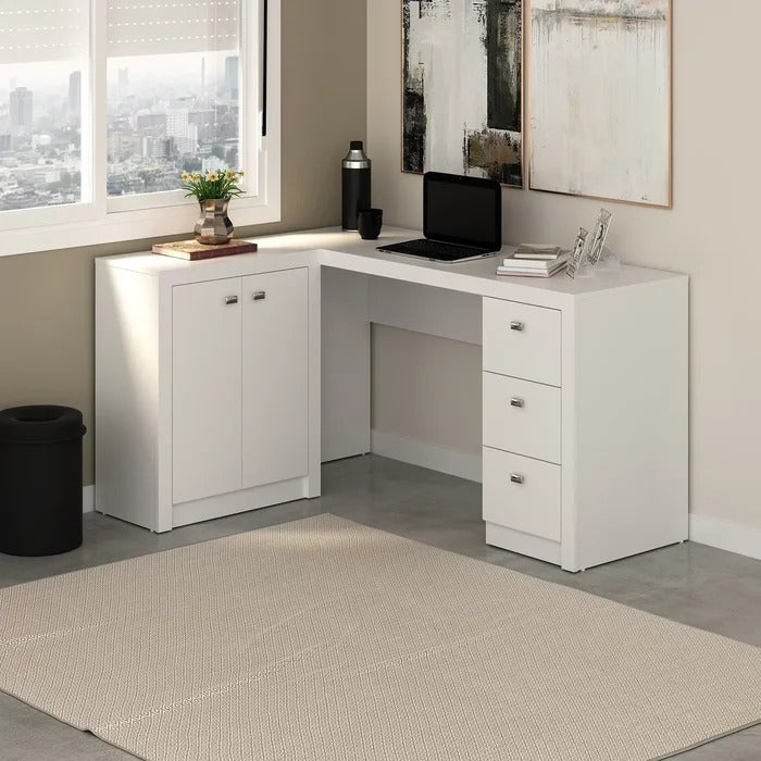 Mesa para Escritório em L com 3 Gavetas e Armários ME4100