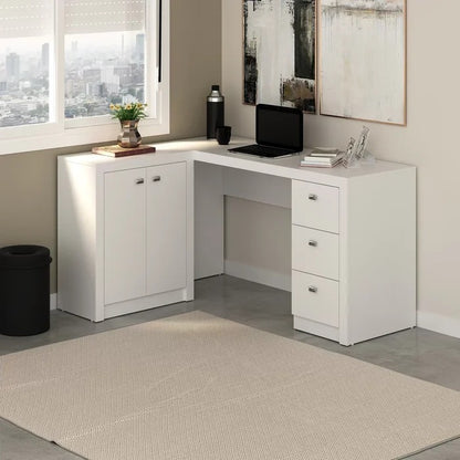 Mesa para Escritório em L com 3 Gavetas e Armários ME4100