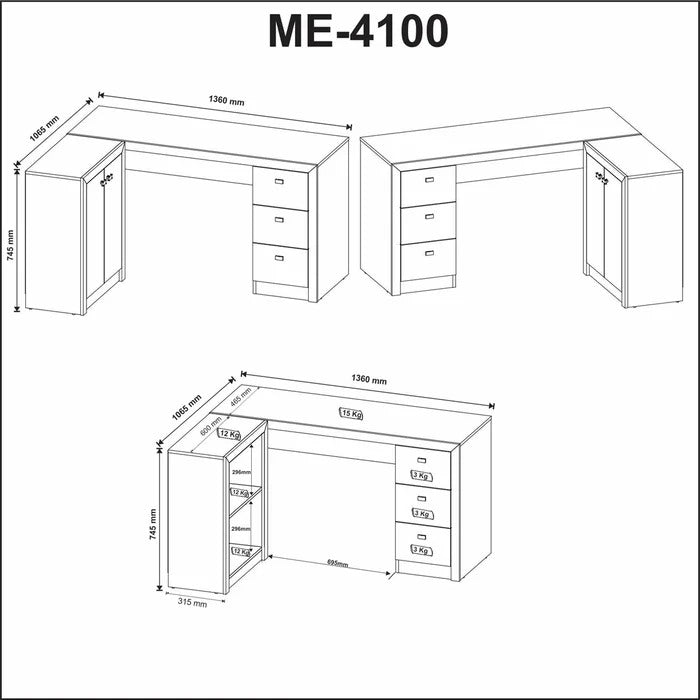 Mesa para Escritório em L com 3 Gavetas e Armários ME4100