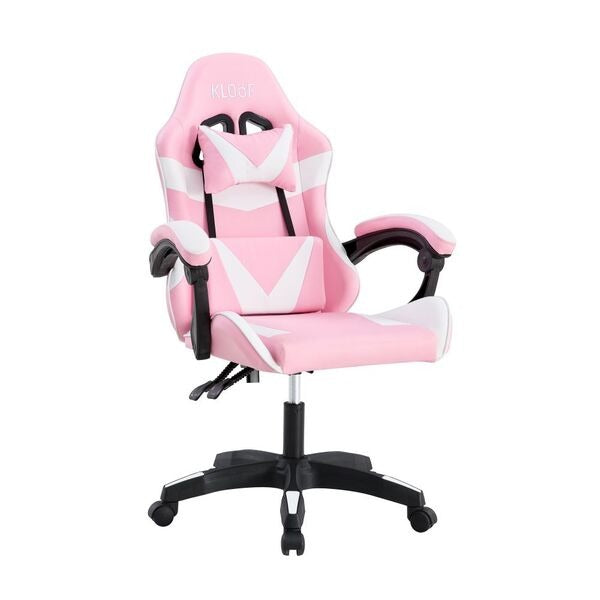 Cadeira Gamer Reclinável em Couro PU Branco e Rosa com Apoio Lombar e Cervical