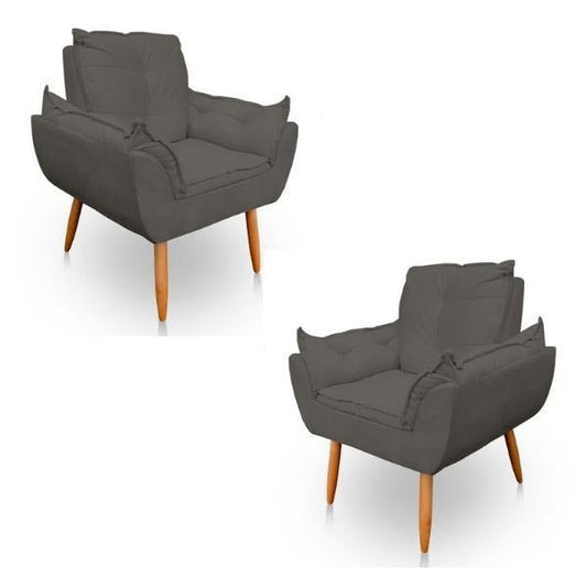Conjunto com 2 Poltronas Opala em Tecido Grafite com Pés Palito