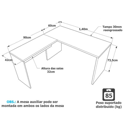 Mesa de Canto em L Para Escritório 140x150cm Tampo 30mm