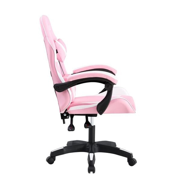 Cadeira Gamer Reclinável em Couro PU Branco e Rosa com Apoio Lombar e Cervical